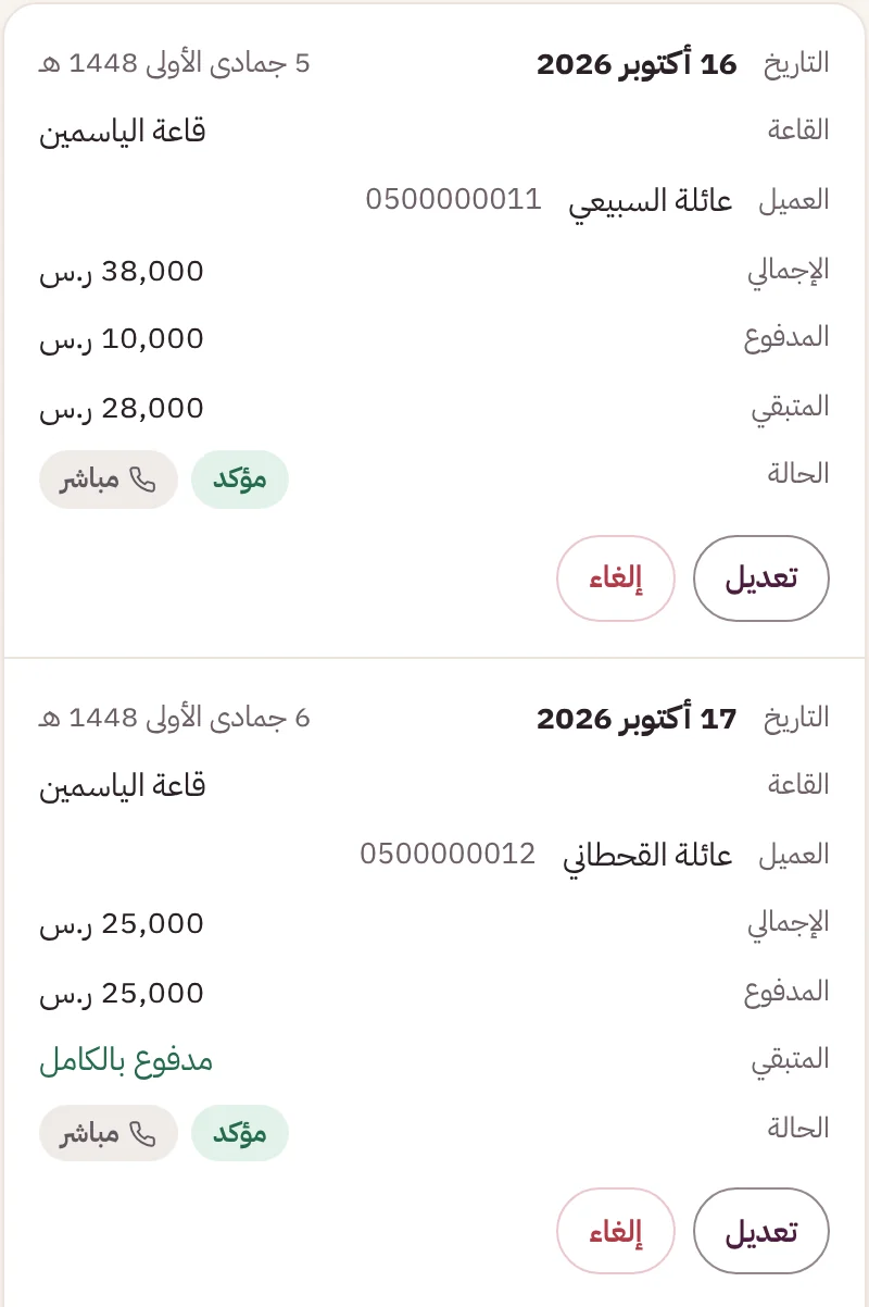 قائمة الحجوزات في لوحة إيقاعات مع المدفوع والمتبقي لكل حجز